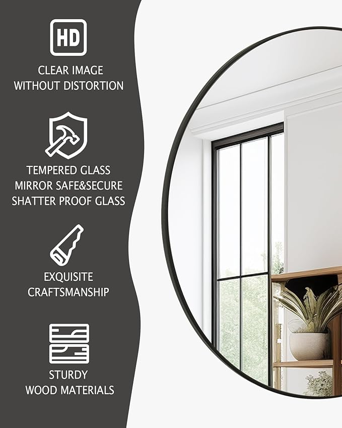 Black Round Mirror,Bathroom 30 Inch Vanity Wall Mirror,Modern Circle Mirror for Wall,Wood Mirror for Bedroom Living Room Entryway