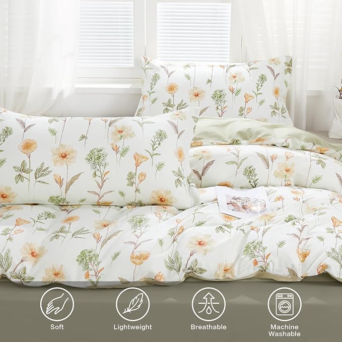 SAPHREAS Floral Duvet Cover Set Full Size 3pcs Yellow Flower Green Botanical Bedding Comforter Cover Set 100% Cotton 1 Duvet Cover 90"x80" 2 Pillow Shams, Comforter Not Included