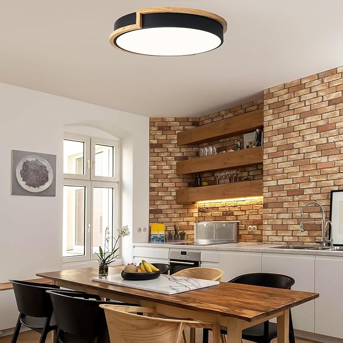 Dimmable Wood Flush Mount Ceiling Lights, Modern LED Black 5CCT 2700K-6000K Lighting Fixtures, Round Ceiling Lamp for Kitchen Living Room Dining Room Bedroom, 15.8in