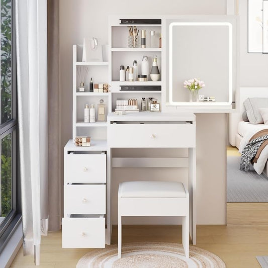 Makeup Vanity Desk Set with LED Lights and Chair, Compact Vanity Desk with Storage Shelves, 4 Drawers, Small Space Vanities with 3 Adjustable Lighted Mirror for Bedroom, White