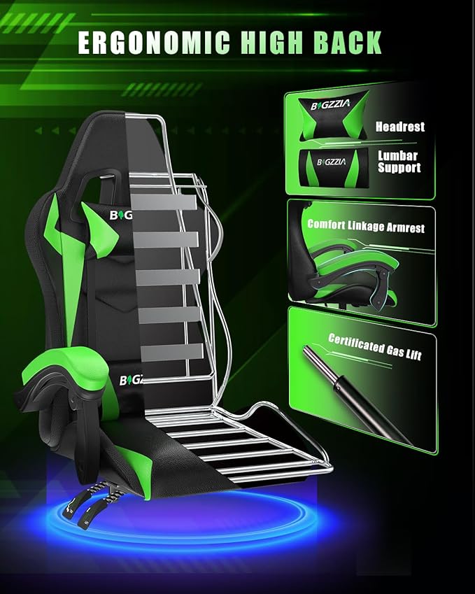 Bigzzia Gaming Chair with RGB LED Lights, High Back Ergonomic Computer Gamer Chair with Headrest and Lumbar Support, Racing Style Reclining Game Chair for Adults, Kids (Black/Green)