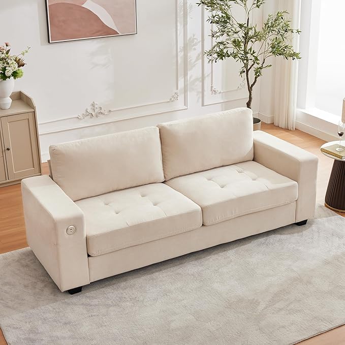 Garvee 90" Chenille Fabric Sofa Modern Comfort Sofa with USB/Type-C Ports, Deep Seat Cushions, Removable Cover, Wide Armrests Ideal for Living Rooms, Small Spaces, and Apartments - Beige