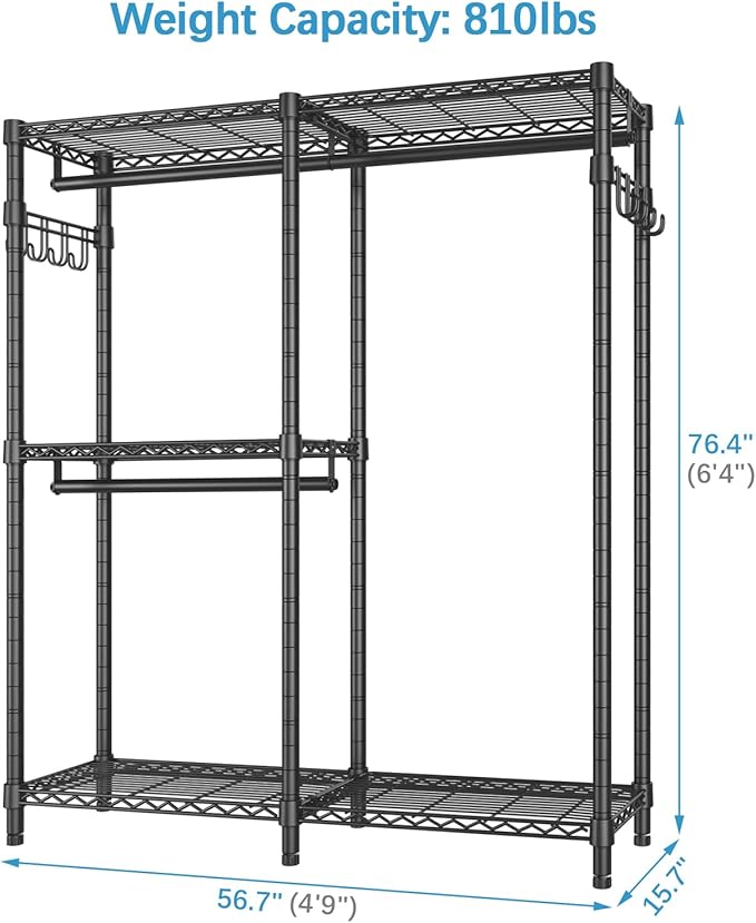 VIPEK V4 Heavy Duty Clothing Rack for Hanging Clothes 810lbs Load Capacity, Double Rod Garment Rack with Adjustable Shelves & Side Hooks, Metal Wardrobe Closet System Easy to Assemble, (Black)