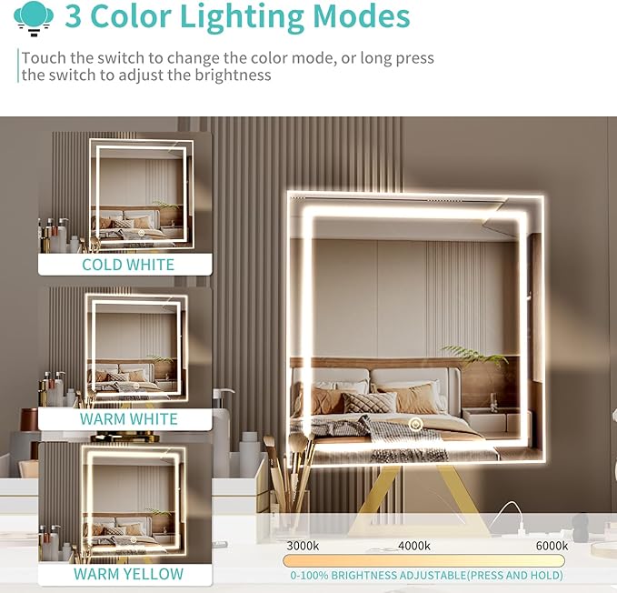 Lufeiya Small Makeup Vanity Desk with Mirror and Light, 32 inch White Vanity Desks Sets with Fabric Drawers for Girls Teen, Dressing Table and Chair Set with Power Outlet for Bedroom, White Gold