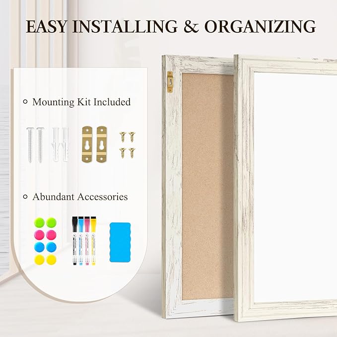 4 THOUGHT Dry Erase Board, 24 x 36 in Magnetic Whiteboard White Vintage Wood Frame Wall-Mounted White Board Decorative Notice Board for School, Office, Home, 6 Magnets 4 Markers 1 Eraser