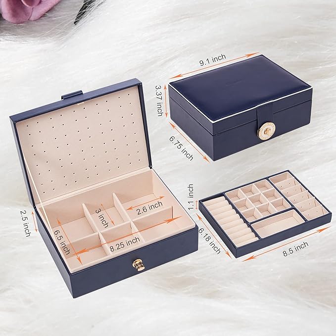 Jewelry Box Organizer for Women, Earring Organizer Holder with PU Leather for Birthday Christmas and New Year Gifts-Navy Blue