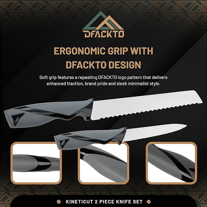 2-Piece Serrated Knife Set – Stainless Steel Kitchen Cooking Knives w/Protective Covers, Dishwasher Safe, No Block, Sharp Cutlery for Slicing Bread, Cooking Fruit & Steak w/Sheath - Gray