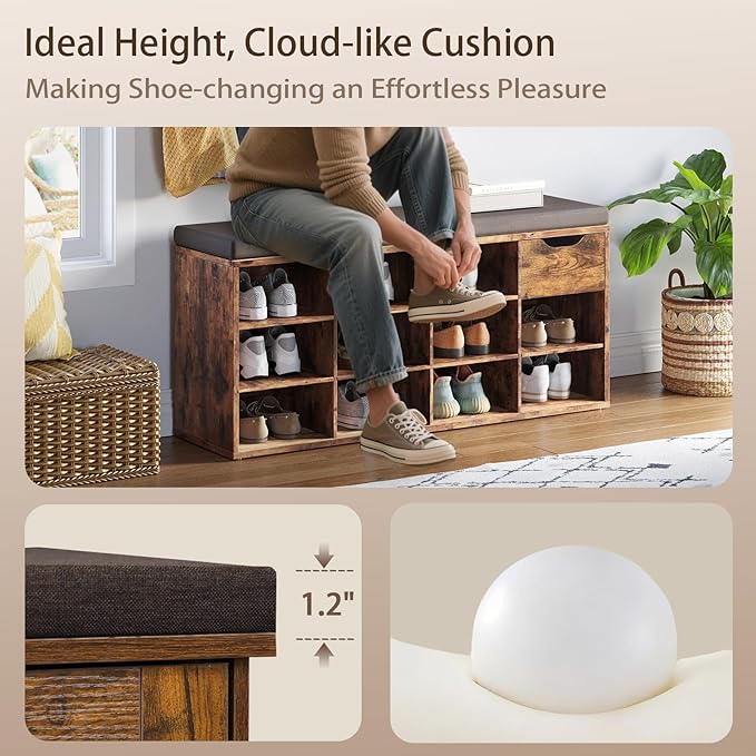 DINZI LVJ Shoe Storage Bench with Cushion, Cubby Shoe Rack with 12 Cubbies, Adjustable Shelves, Multifunctional Shoe Organizer Bench for Entryway, Mudroom, Hallway, Closet and Garage, Rustic Brown