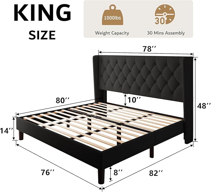 iPormis King Size Platform Bed Frame with Button Tufted Headboard, Upholstered Bed Frame with Solid Wooden Slats, 8" Underbed Space, No Box Spring Needed, Noise Free, Easy Assembly, Black