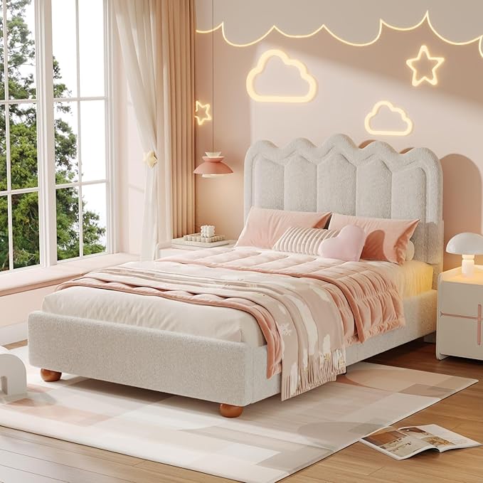 Full Size Bed Frame with Headboard, Boucle Bed Frame, Soft Upholstered Platform Cloud Bedframe with Footboard, Solid Wood Legs, Solid Wooden Slats Support, No Box Spring Required, Easy Assembly, Grey