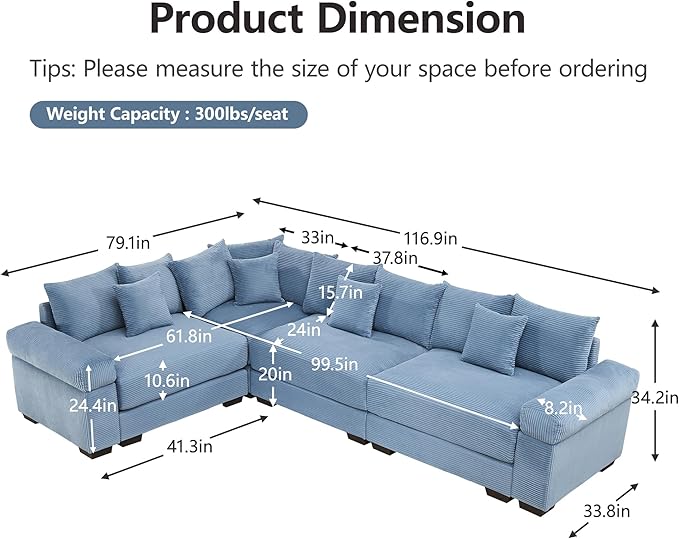 KEIKI 117" L-Shaped Oversized Corduroy Modular Cloud Sectional Sofa with High-Density Foam Cushion, Extra-Thick Armrest, Convertible 4-Seater Fluffy Corner Couch with 14 Pillow, for Living Room, Blue