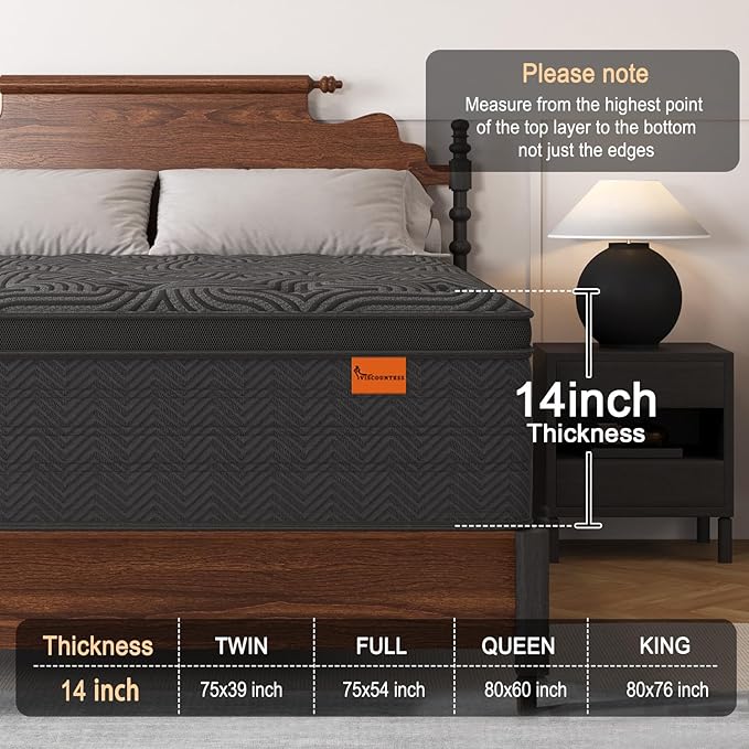 Queen Mattress, 14 Inch Hybrid Mattresses in a Box with Durable Support, Fiberglass Free, Motion Isolation & Individually Poctet, 100 Night Trial, Queen Size, Dark Grey