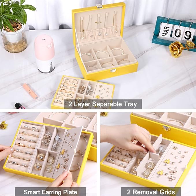 Voova Jewelry Box Organizer for Women Girls, 2 Layer Large Men Jewelry Storage Case, PU Leather Display Jewellery Holder with Removable Tray for Necklace Earrings Rings Bracelets, Vintage Gift, Yellow