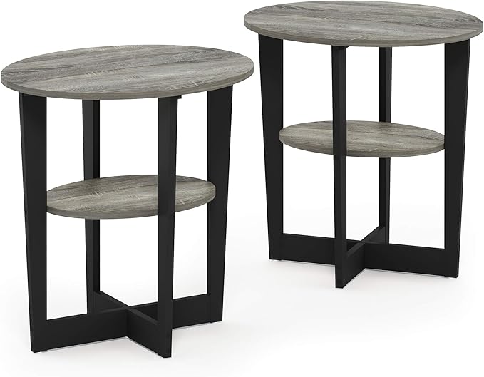Furinno JAYA Oval End Side Night Stand/Bedside Table, 2-Pack, French Oak Grey/Black