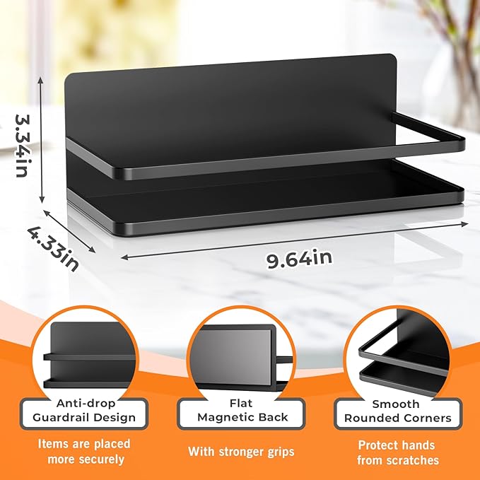 Grtard 2 Pack Magnetic Spice Rack for Refrigerator, Black Magnetic Shelves for Side of Refrigerator, Metal Magnetic Refrigerator Shelves, Magnetic Spice Racks for Jars, Home, Kitchen, Cabinet