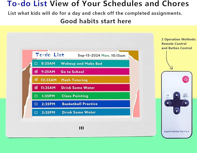 MASSII 2025 Digital Teaching Clock Talking Time, 24 Alarms Custom Reminders, Checklist to-Do List, Auto DST & Calendar Display, Sleep Trainer, Easy to Use for Kids Birthday Gift- White with Remote