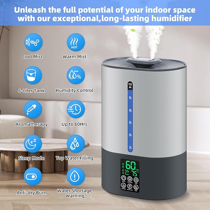 6L Humidifiers for Bedroom Large Room Home, Cool and Warm Humidifiers for Baby and Plants Mist Top Fill Desk Humidifiers Essential Oil Diffuser, Quiet with Adjustable Mist,360°Nozzle-Grey