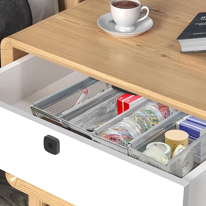 2PCS Drawer Organizer, Mesh Drawer Organizer with Interlocking Arm for Utensil, Cosmetic, Flatware, Pen (9 * 3 * 2 Inches, Grey)