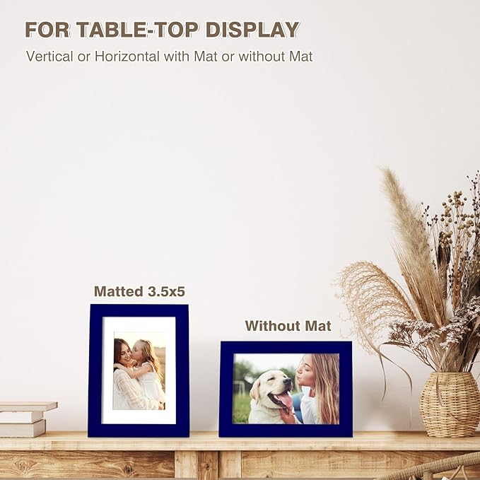 KINLINK 4x6 Picture Frames Navy, Solid Wood Frames with Acrylic Plexiglass for 3.5x5 with Mat or 4x6 without Mat, Tabletop and Wall Display Photo Frame, Set of 4