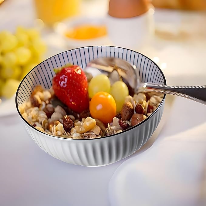 QINLANG 6 Inch Blue and White Porcelain 30 oz Bowls Set of 6 for Soup, Cereal, desserts, ice cream and Rice - Striped Pattern