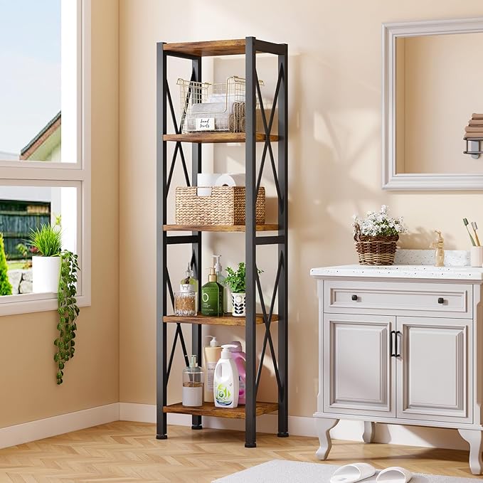 Homeiju 5-Tier Narrow Bookshelf, Ladder Bookshelf, Tall Bookshelf for Bedroom with Open Shelves, Office Bookshelf, Industrial Standing Bookshelf for Bedroom, Living Room and Home Office