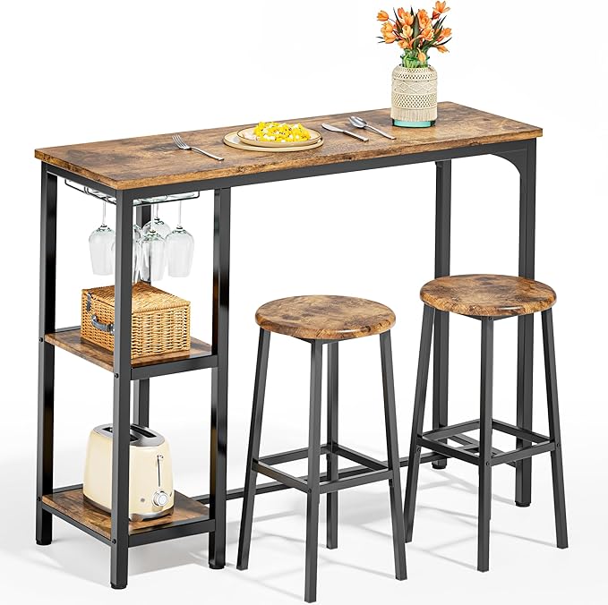 3-Piece Bar Table Set for 2, Table with Stools & 2 Storage Shelves, Small Bar Table Set with Glass Rack, Small Kitchen Table for Dining Room, Living Room, Rustic Brown