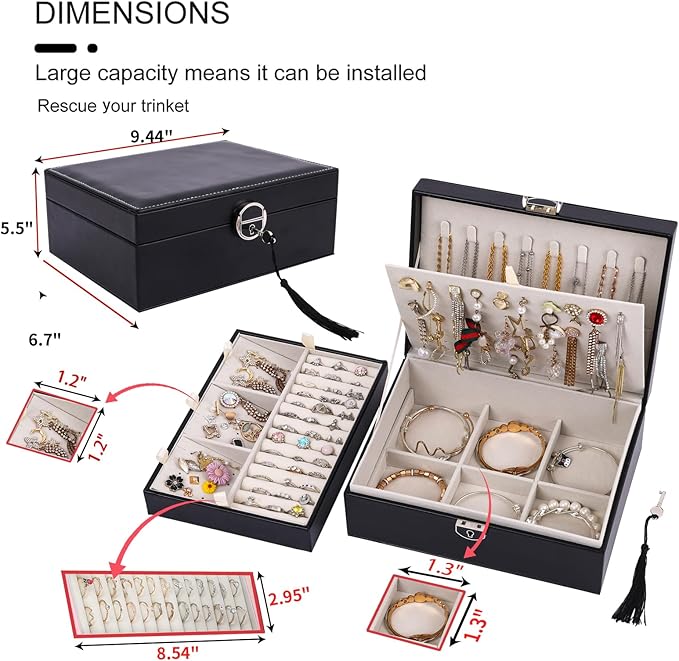 BOOVO Earring Jewelry Box For Women Girl Stud Organizer, 4 Layers Girl Jewelry Organizer Box With Lock Earring Holder Organizer Necklace Ring Jewelry Organizer Box For Girls (Black, 4 layer)