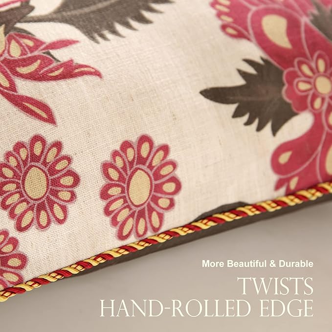 patdrea Designer Throw Pillow Covers 18X18 Inches,Vintage Red Linen Pillowcases with Leaves and Flower Pattern Pillows Cover for Couch,Decorative Square Cushion for Living Room Outdoor,Set of 2