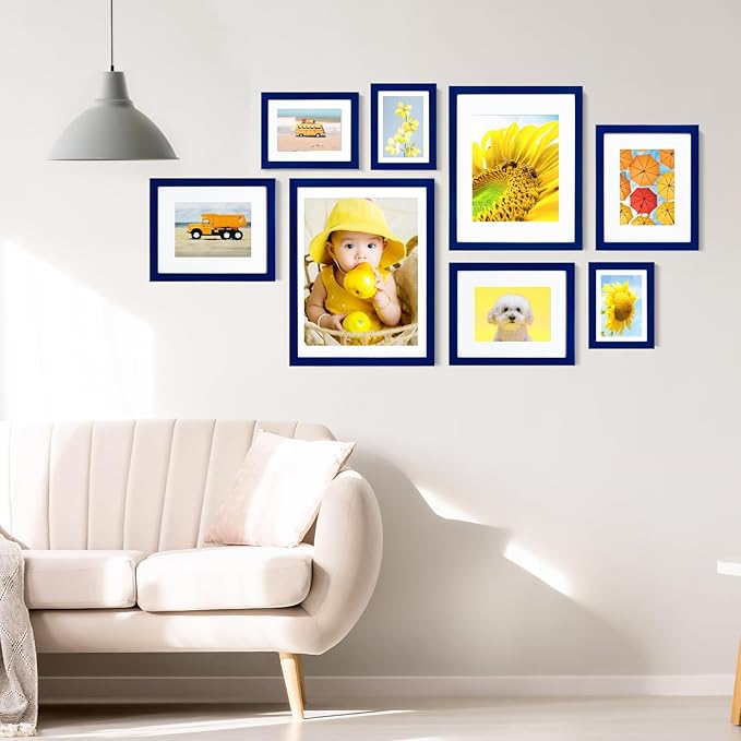 KINLINK 8x10 Picture Frame Navy, Solid Wood Frames with Acrylic Plexiglass for Pictures 4x6/5x7 with Mat or 8x10 without Mat, Tabletop and Wall Display Photo Frame, Set of 4