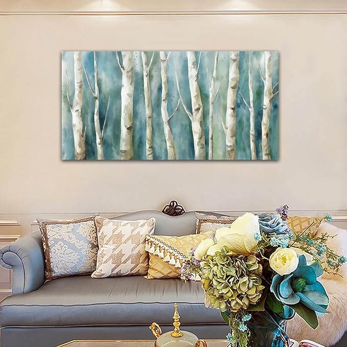 Birch Trees Canvas Wall Art - Abstract Birch Pictures for Wall Decor Modern Turquoise Canvas Painting Nature Printing Artwork for Living Room Bedroom Home Office Wall Decoration 29" x 58"