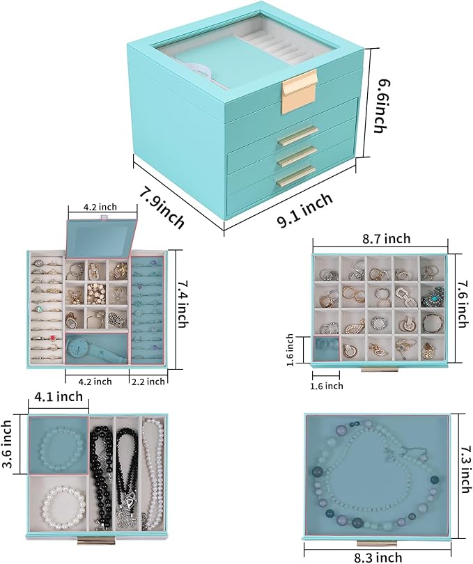 BOOVO Clear Lid Jewelry Box,4 Layers Jewelry Organizer Large Jewelry Storage Box with 3 Drawers,Jewelry Holder Organzier of Rings Earrings Necklace Bracelets for Women (Turquoise blue, 4 Layer)