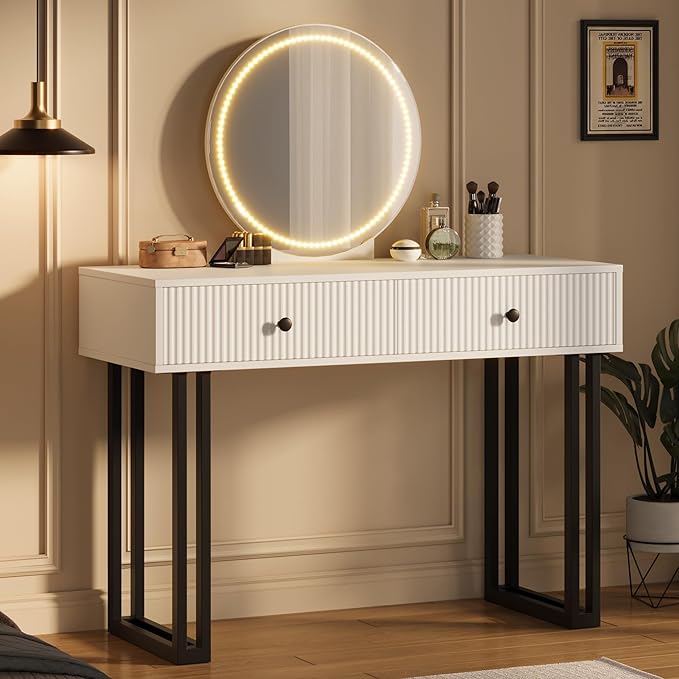 IDEALHOUSE Vanity Desk with Mirror and Lights, 49.2”H Makeup Vanity with 3 Color Lights and Adjustable Brightness, Bedroom Vanity Table with 2 Drawers, White