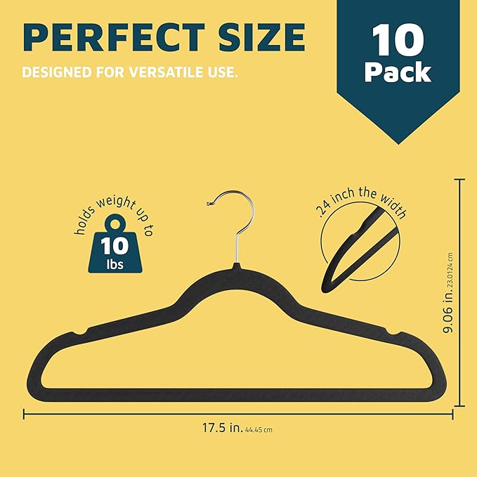 Velvet Clothes Hangers – With 360 Degree Swivel Hook and Non-Slip Shoulder Notch, Holds Up To 10 lbs, Heavy Duty Hanger Set, For Organizing Suit, Dress, Coat, and Clothes, Pack of 10, Black