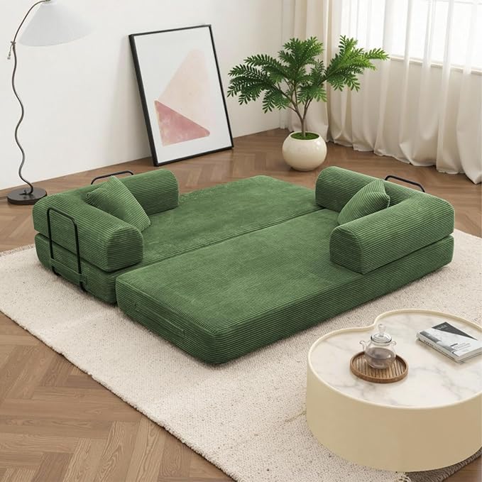 Rovibek 4-in-1 Convertible Sleeper Sofa Bed Queen Size, Foldable Floor Couch Corduroy, Folding Futon Sofa Beds with Pillow and Fixed-Shape Frame, Suitable for Living Room, Bedroom, Lounge, Green