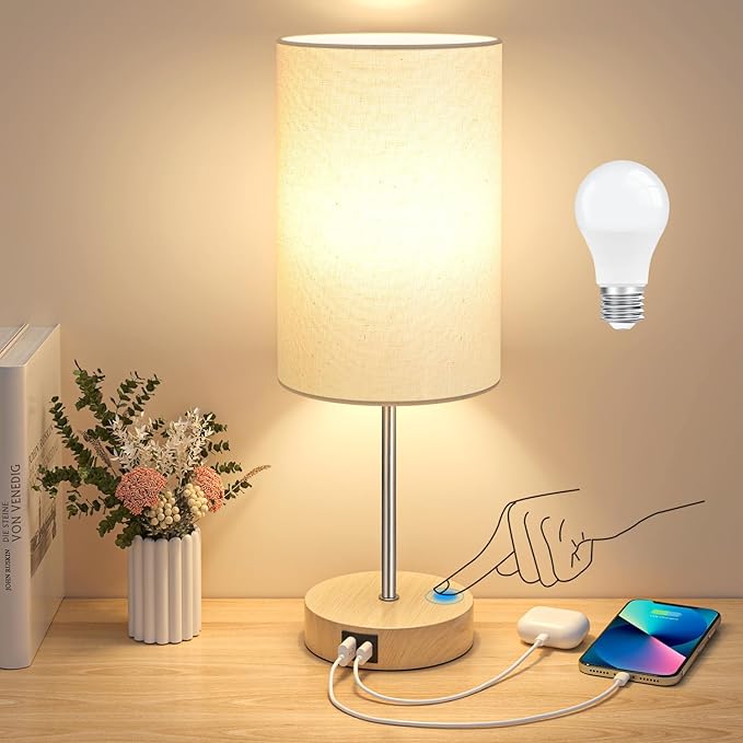AKASUKI 18Inch Table Lamp with Dual Charging Station, 3 Way Dimmable Touch Lamp for Bedroom, Living Room, Office(LED Bulb Included)