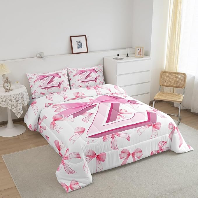 jejeloiu Kids Girls Cute Pink Bow Comforter Set Twin Size Monogrammed Bedding Set Ultra Soft Personalized Initial Z Duvet Quilt Coquette Bow Knot Quilt Set Room Decor Modern Fashion Comforter