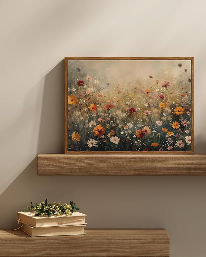 InSimSea Framed Canvas Wall Art Vintage Decor, Wall Decor for Living Room Bedroom Office Bathroom, Nature Landscape Flower Wildflower Oil Painting Prints, Home Desk Decorations, 12x16inch