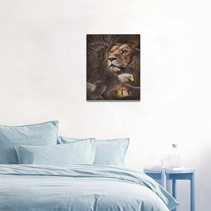 Lion Eagle Wall Art - Christian Lion Of Judah Canvas Prints - Masculine Modern Home Decor For Men - Living Room, Bedroom, Bathroom - Framed 16"x20"