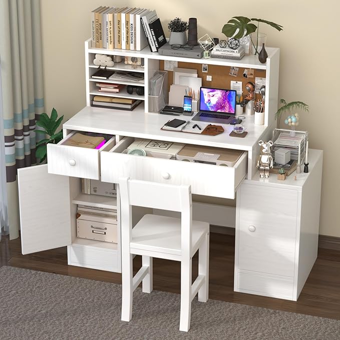 Wooden Kids Desk and Chair Set, 2 Drawers and 4 Storage Cabinets, Children Study Desk with Hutch and Shelves, Boys & Girls Study Desks for Kids Bedroom (White)