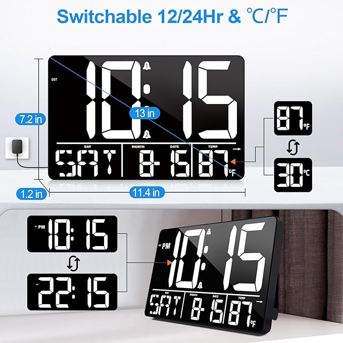 13" Bluetooth Auto Sync Wall Clock - Large Digital Alarm Clock with Remote, 25 Ringtones, Dual Alarm, Adjustable Brightness, 12/24H, Auto DST, for Living Room, Kitchen, Office, Elderly