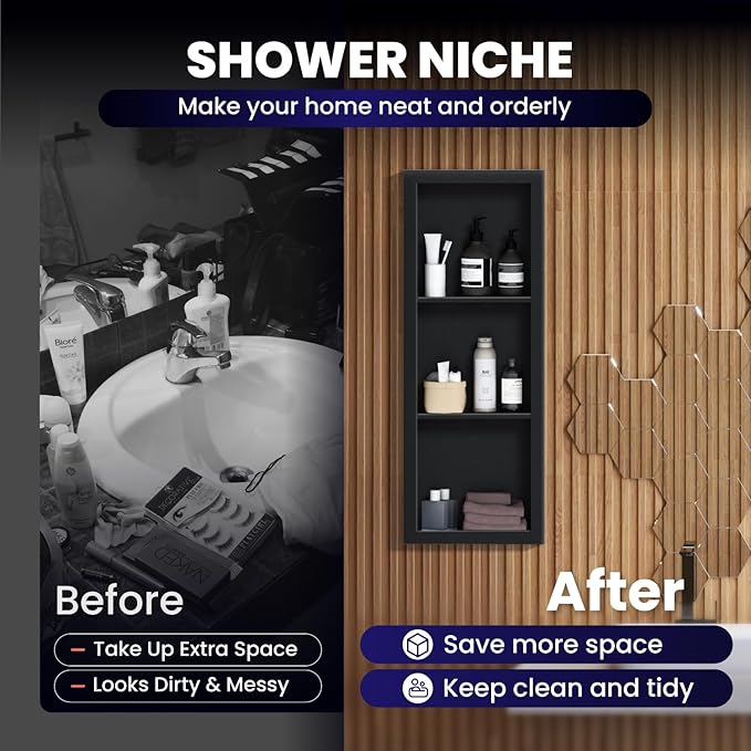 Stainless Steel Shower Niche 12" X 36"，3-Tier Recessed Wall Niche No Tile Needed Shower Shelf for Bathroom Storage (Black, 12 x 36)