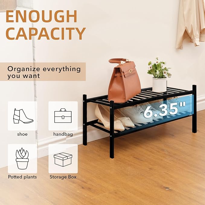 2 Tier Bamboo Shoe Rack Storage Organizer for Closet, Multifunctional Stackable Free Standing Shoe Shelf Organizer for Small Space,Entryway,Hallway,Bathroom 27"x11"x13" (Black, 2 Tier)