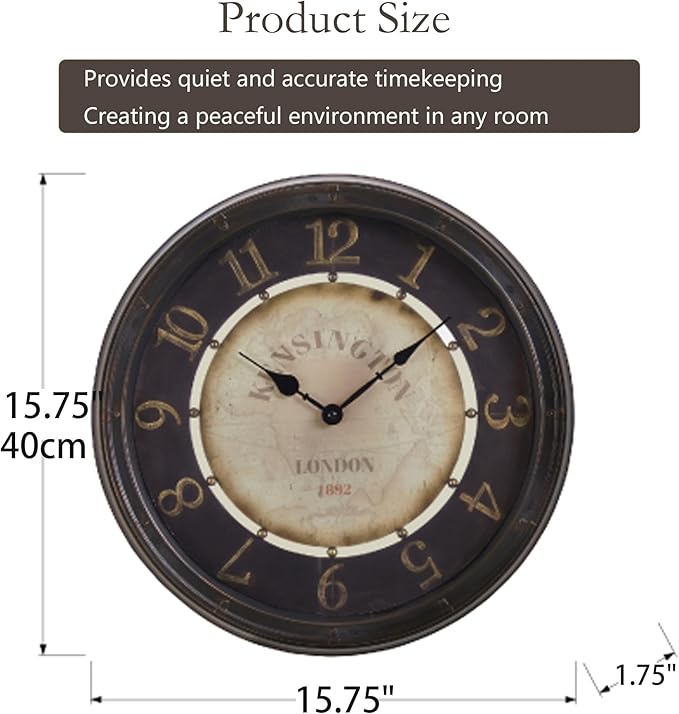 16 Inch Vintage Wall Clock, Silent Non-Ticking Quartz Battery Operated Decorative Clock for Home, Kitchen, Living Room, Dining Room, Office, Gold Brown Arabic Number