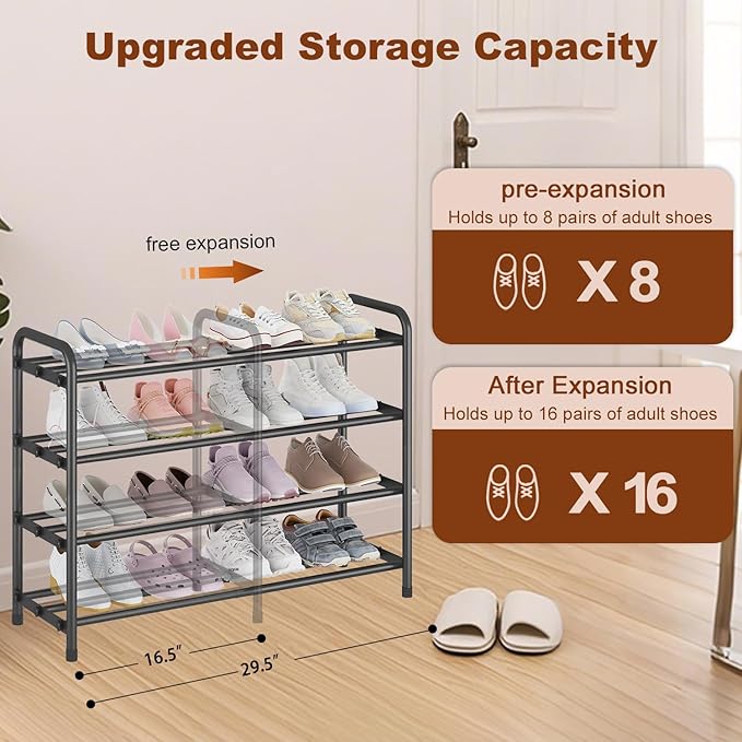 KANAV 4-Tier Expandable Shoe Rack – Adjustable Shoe Organizer & Shoe Storage for Closet, Entryway, and Front Door – Space-Saving Shoe Shelf and Rack Organizer for Home - Black