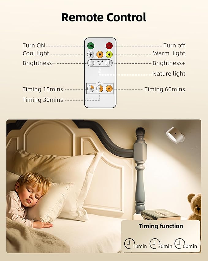 LED Wall Mounted Lights, Rechargeable Wall Sconces Lamp, 3 Color Temps & Remote and Touch, 360°Rotation Dimmable Cordless Wall Light for Study Bedroom Reading Bedside(White, 2 Pack)