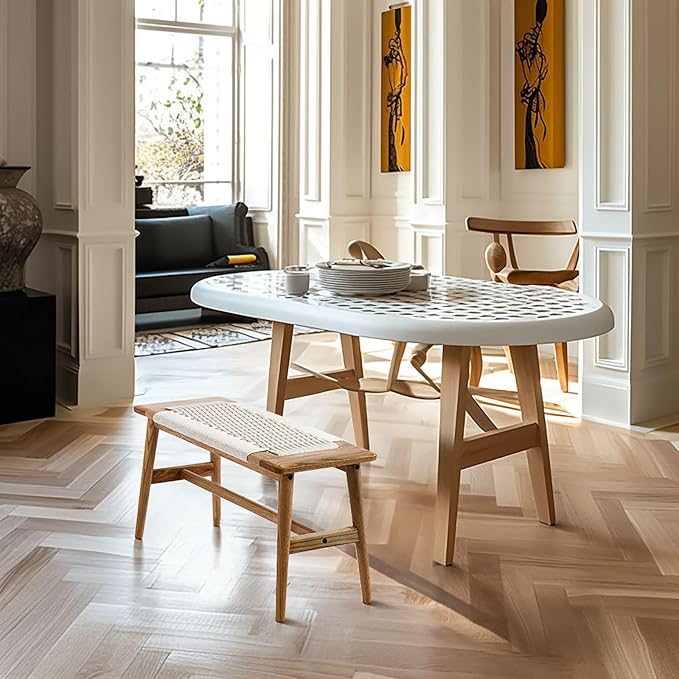 31.5'' Woven Dining Beach with 100% Solid Oak Wood Bench Frame, Hand Knitted Rope Designed Bed End Shoe Bench for Kitchen Bedroom Entryway, White