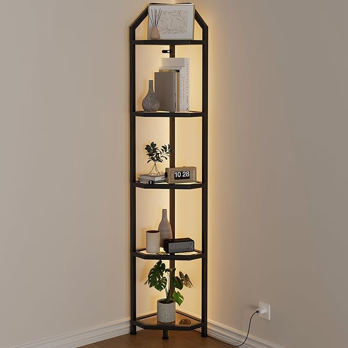 70 Inch Corner Shelf with LED Lights, 5-Tier Corner Bookshelf for Small Spaces, Glass & Metal Storage Rack for Bedroom, Living Room, Office - Modern Space Saving Design- Black