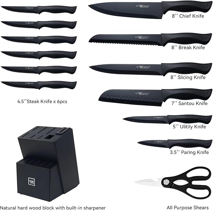 Knife Set, HUNTER.DUAL 15 Pcs Kitchen Knife Set with Block Self Sharpening, Dishwasher Safe, Anti-slip Handle, Black