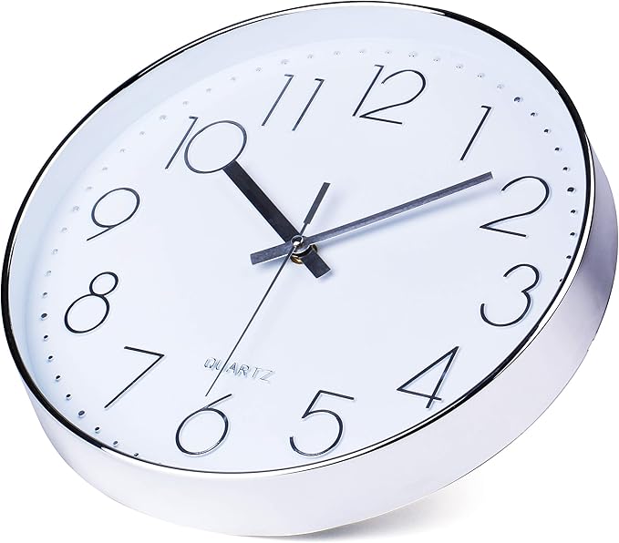 jomparis Modern 12" Battery Operated Non-Ticking Silent Sweep Movement Wall Clock Decorative for Office,Kitchen, Living Room, Bedroom, Bathroom Silver Plastic Frame