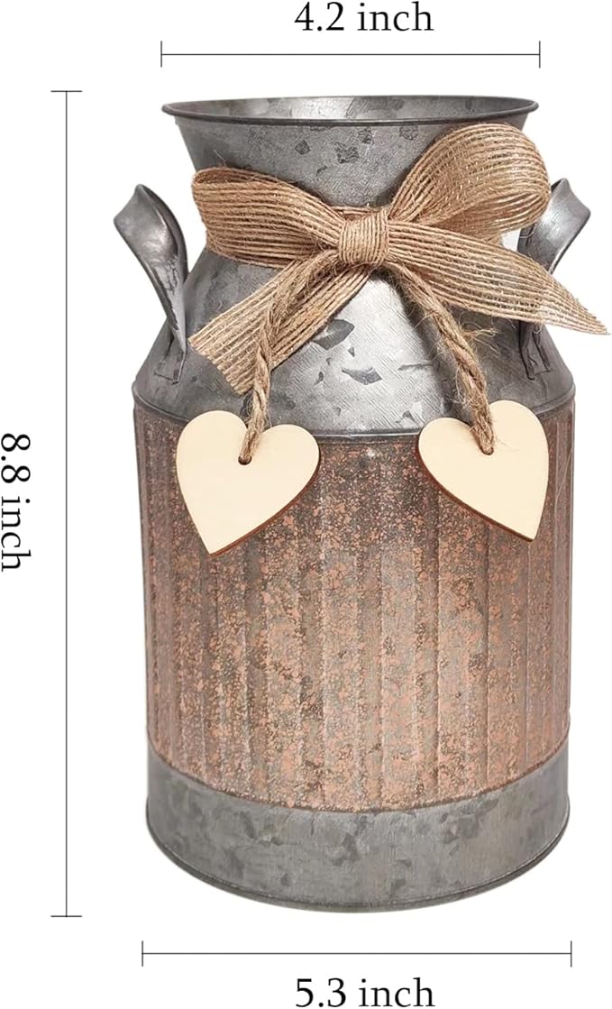 Shabby Chic Classy Designed Brown Milk Can Heart-Shaped Galvanized Finish Metal Vase Country Rustic Primitive Decorative Flower Holder, 8.8" H